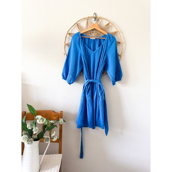 Sonoma Blue Gauze Muslin Flowy Dress/Tunic w/ Waist Belt Tie Pockets Sz LARGE - Picture 2 of 11
